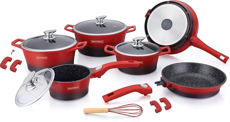 Batteria Pentole in Pietra 14 Pezzi | Rivestimento Antiaderente, Manici Estraibili e Adatta all'Induzione