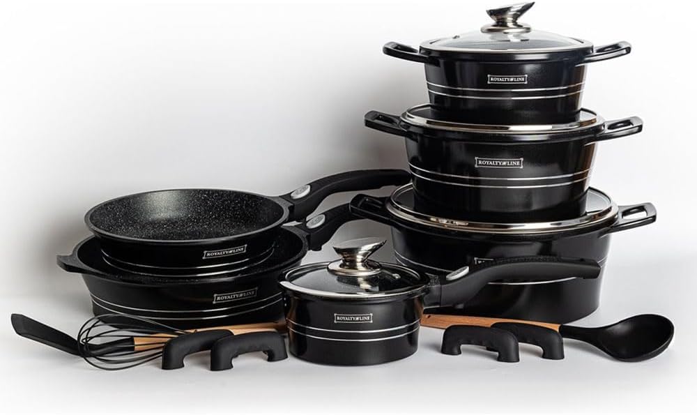 Batteria Pentole in Pietra 14 Pezzi | Rivestimento Antiaderente, Manici Estraibili e Adatta all'Induzione