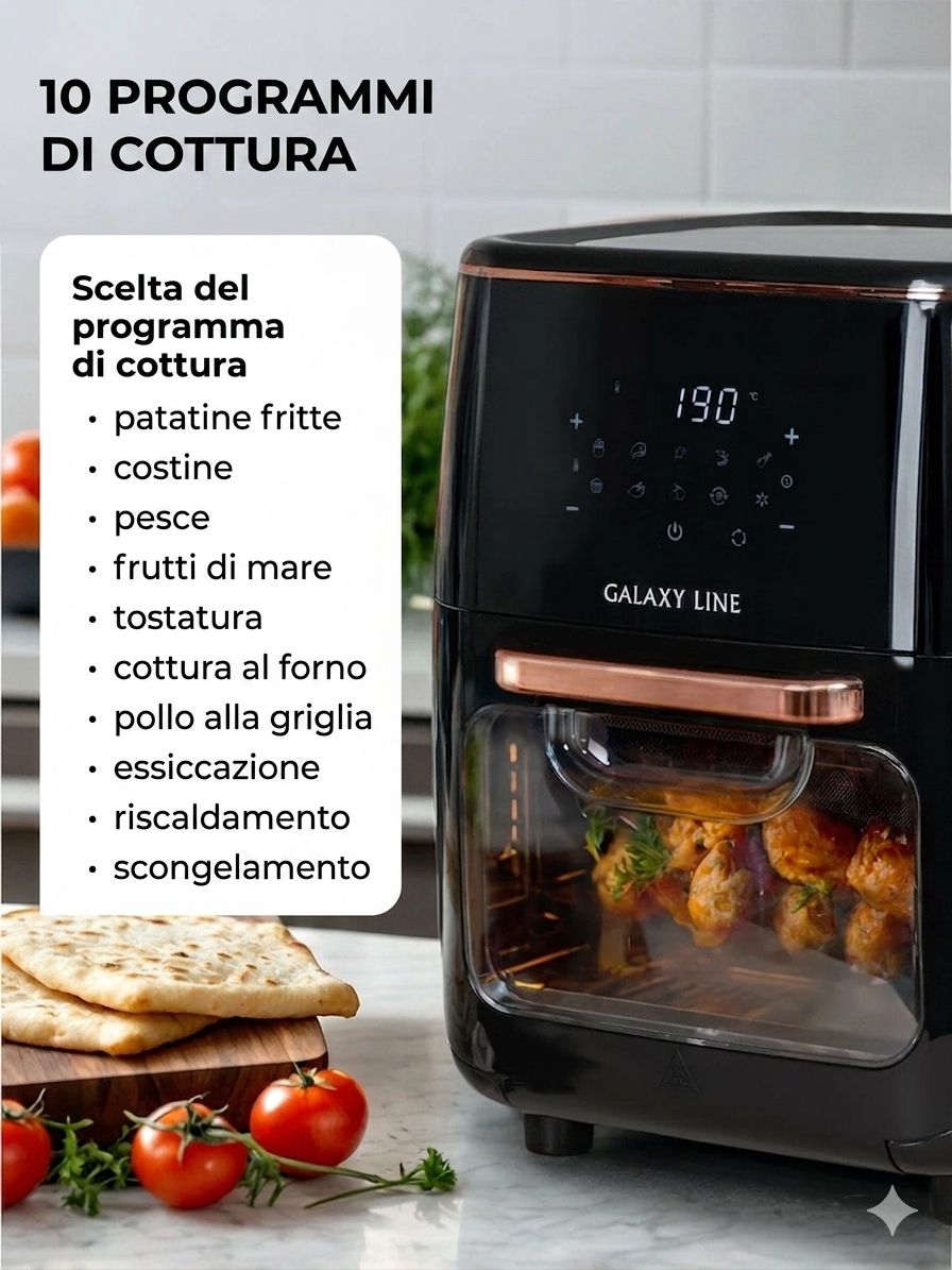 Friggitrice ad Aria 12 Litri XL 1700W | Forno Multifunzione, Girarrosto ed Essiccatore con 10 Programmi