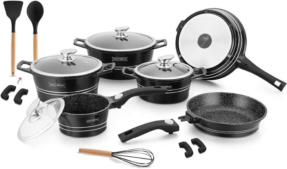 Batteria Pentole in Pietra 14 Pezzi | Rivestimento Antiaderente, Manici Estraibili e Adatta all'Induzione