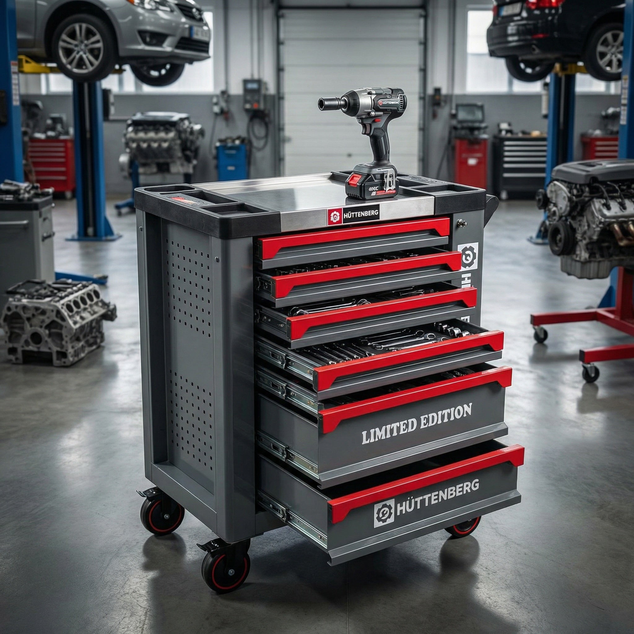 Carrello da Officina Professionale Hüttenberg 259 Pezzi | 7 Cassetti con Chiave Dinamometrica